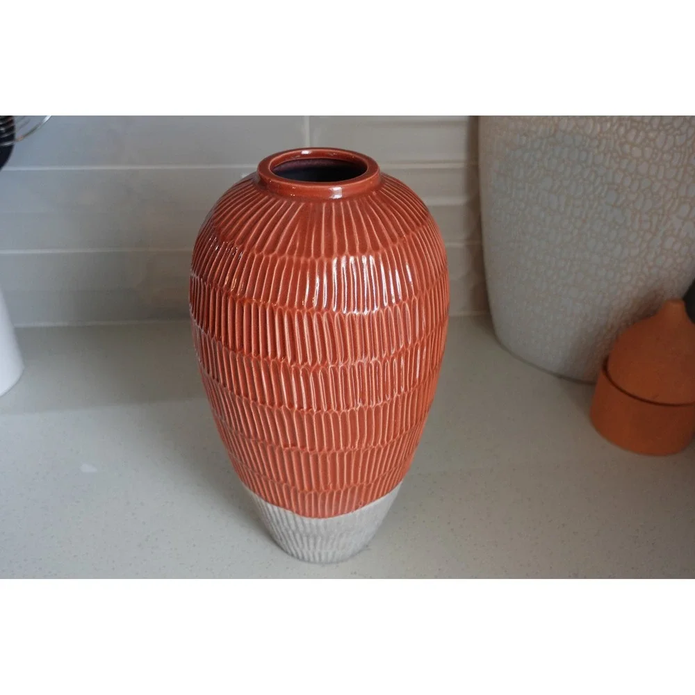 Textured Ceramic‎ Vase, Decorative Accent Vase, Modern Home Decor, Orange & Gray